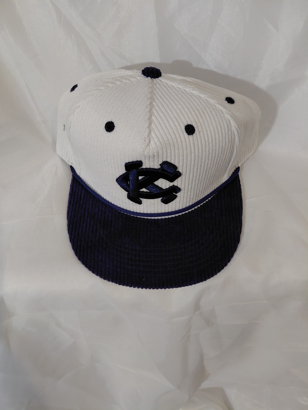 KC Embroidered Two-Tone Corduroy Baseball Cap - White/Navy